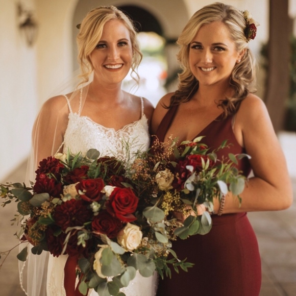 DRESS THE POPULATION Burgundy Iris High Slit Gown - Picture 8 of 8